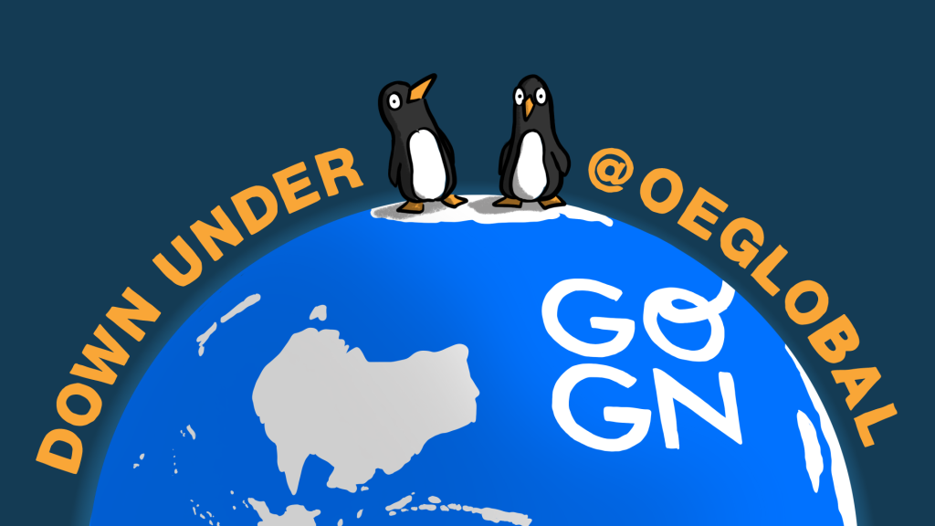 two penguins on a planet earth with Australia and the letters GOGN on it. Down under @ OEGlobal is written around the planet.