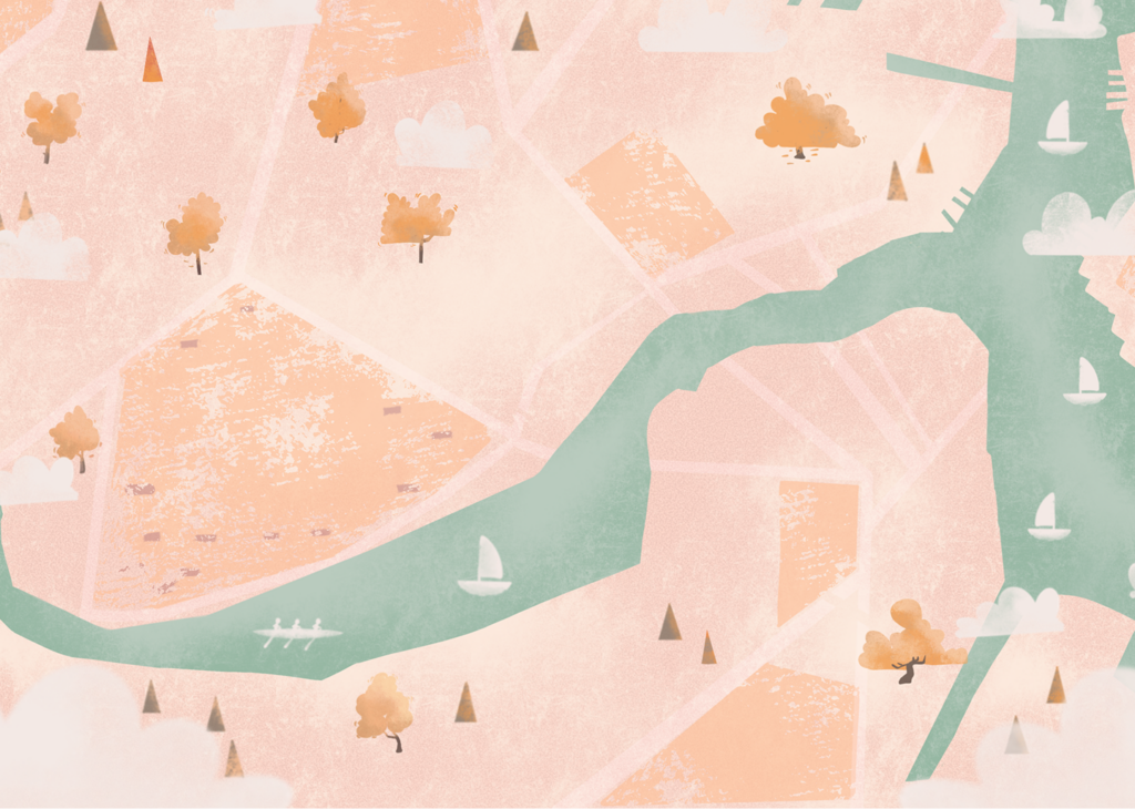 Illustration of a map of Cambridge, Massachusetts, in pink and cyan colors.