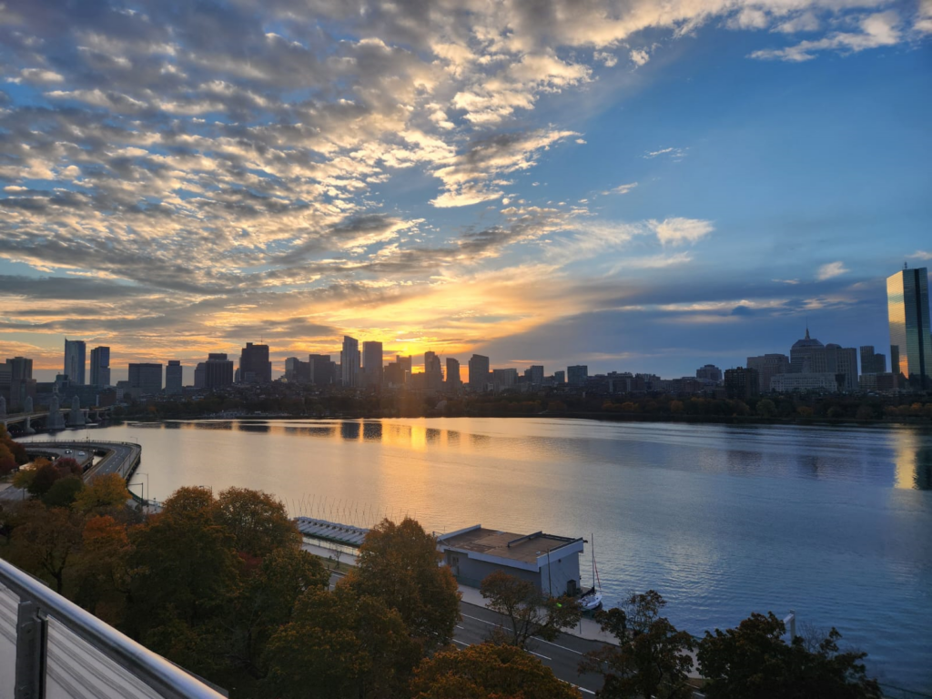 Fall sunset from the MIT campus looking across the Charles River towards downtown Boston.