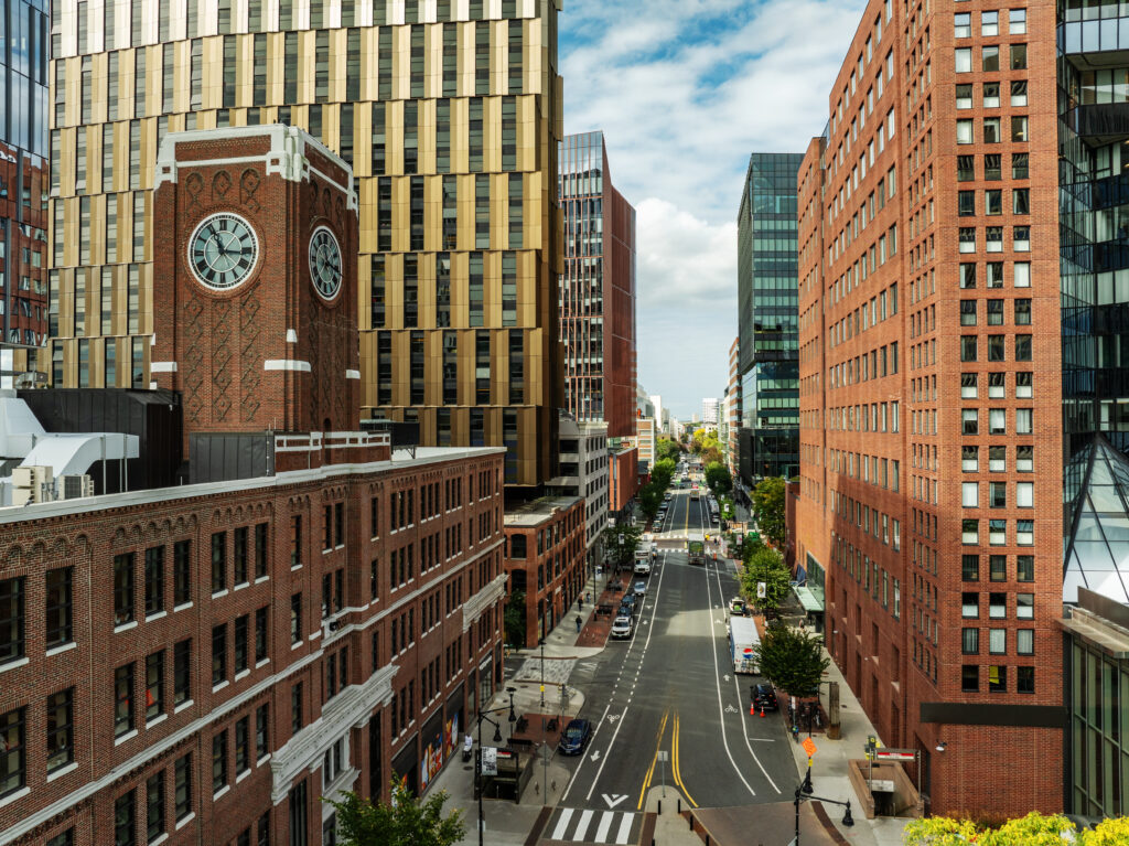 Aerial view of Kendall Square and Main Street by Bob O'Connor, usage courtesy of the photographer. Original album "Aerial view" from MIT Media Library on Flickr. Copyright Bob O'Connor.